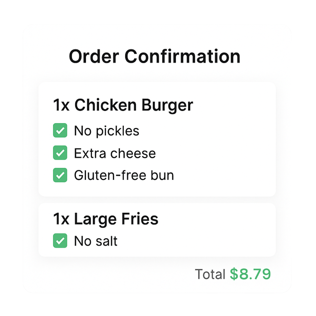 Order confirmation interface showing customization options